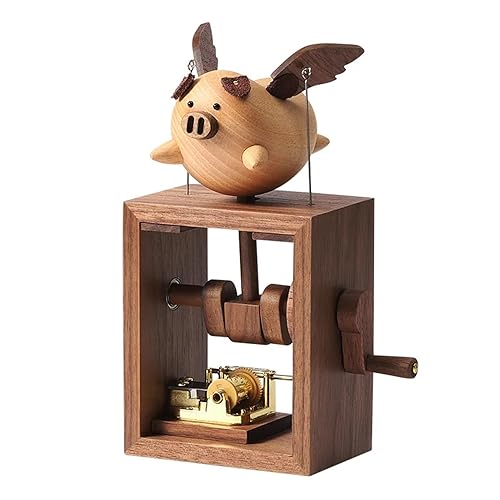 NADEnVIE Wooden Flying Pig Little Music Box Ornament Hand-cranked Box Black Walnut Engraved Music Box Wood Hand Rocking Statue Creative Mother Day