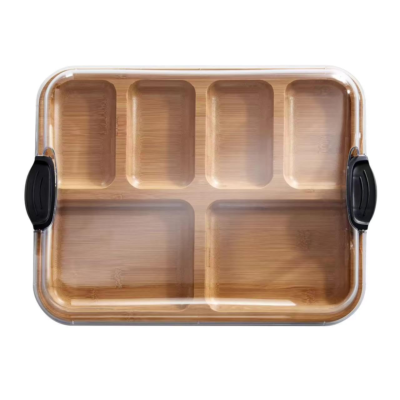 Bandeja de bambú para servir con tapa, 6 compartimentos, asas negras, perfecta para entretener, almacenamiento de cocina, decoración del hogar, idea de regalo
