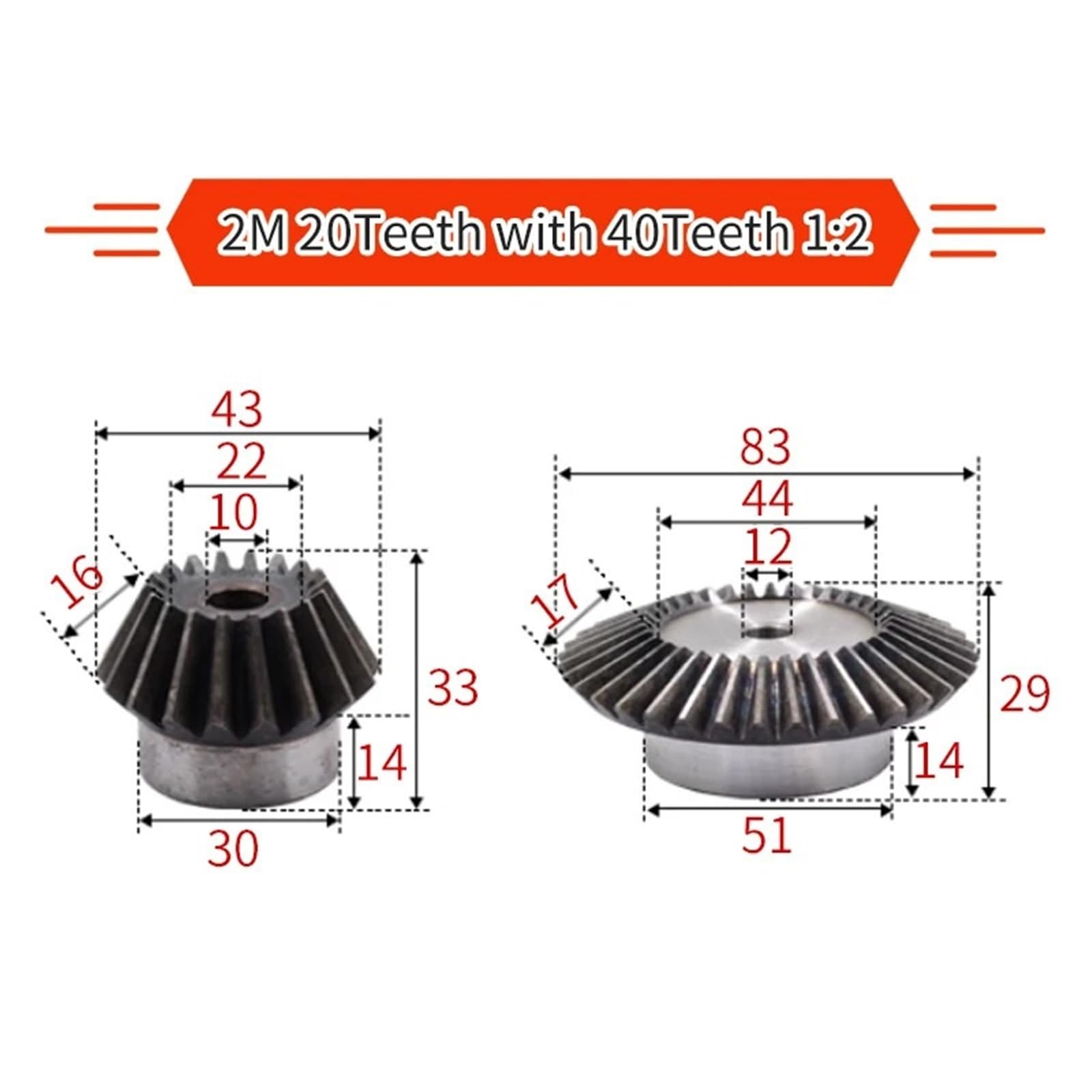 Engrenage conique 2Modu 20 dents - 40 dents, rapport 1:2, 90 degrés, 45#, trou en acier 10-20 mm, 1 jeu(1set 2M20T-40T)