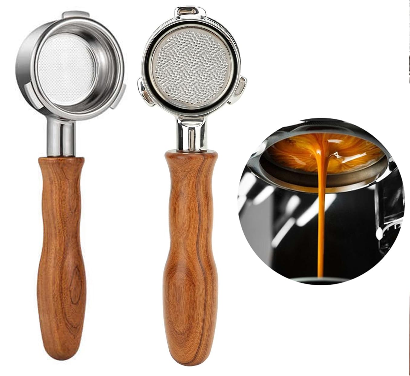 Bottomless Portafilter 54mm for Breville with Natural Wood Handle, Fits Breville Barista Espresso Coffee Machine 304 Stainless Steel Naked Portafilter (Basket Included)