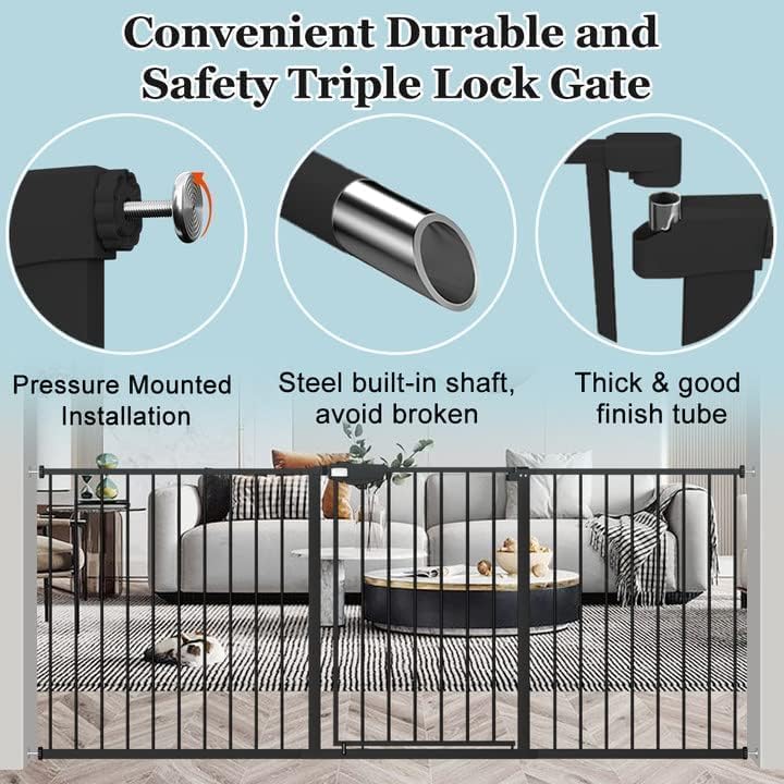 Image of WAOWAO Triple Lock Baby Gate 49.21-66.54 inch Extra Wide Metal 30 inch Tall Black