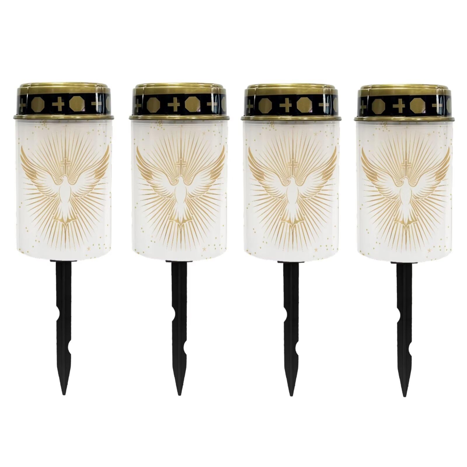Poceacles Cross Outdoor Solar Candle Lights - Water Resistant, Gold White Dove of Peace Cross, Pack of 4