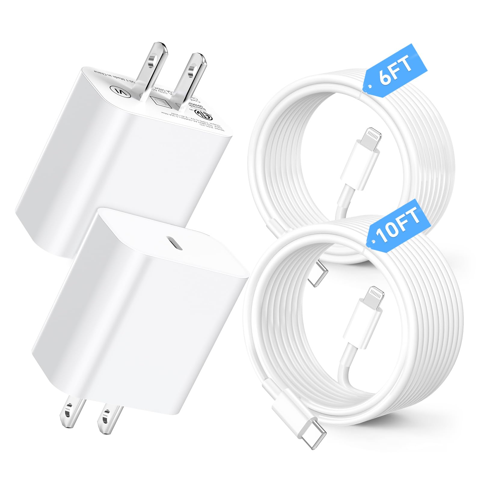 USB C Fast Charger Block, 2Pack 20W PD Type C Wall Phone Charger with 6/10FT Fast Charging USB C to Lighting Cable Compatible with iPhone 14/13/12/11 Pro/Pro Max/Plus/XS/XR/X/SE/8 Charger White