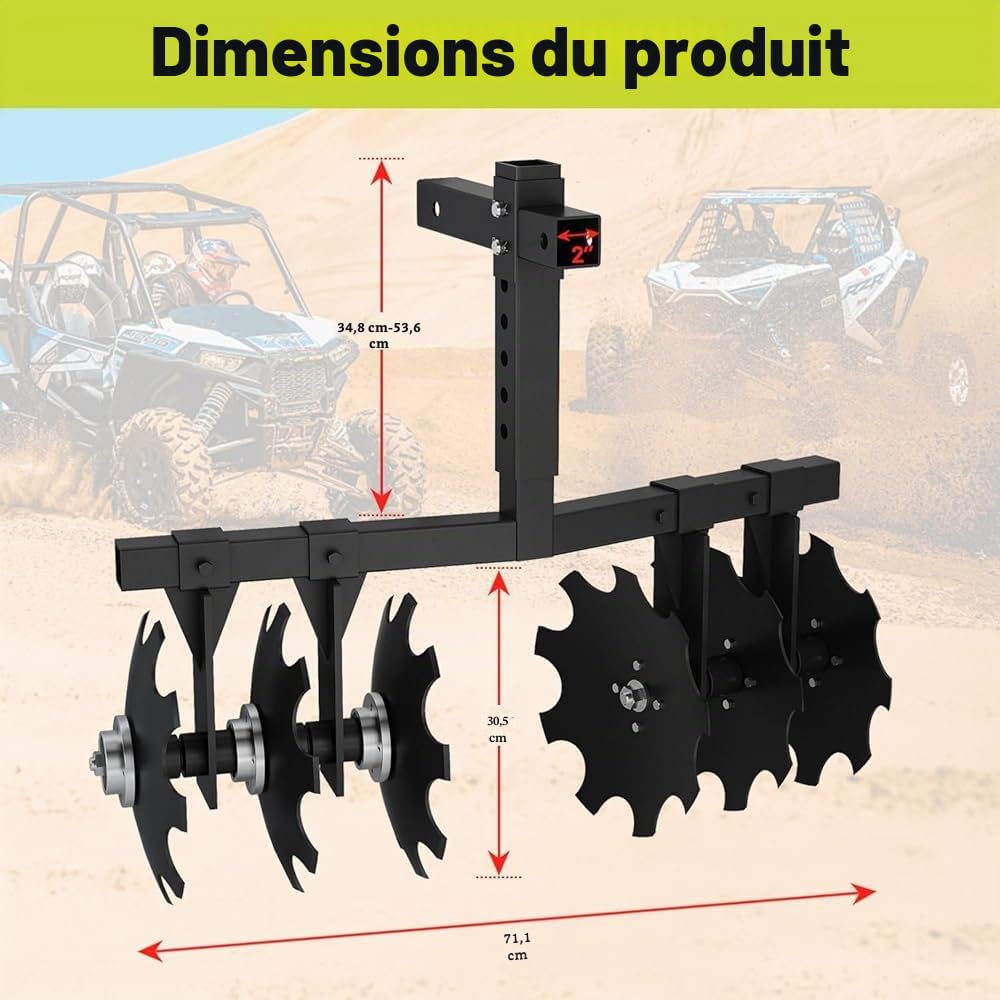 Herse à disque de largeur avec support de récepteur universel, charrue à disque de coupe avec hauteur réglable, tire derrière la motoculteur, herse à charrue pour VTT, UTV, N