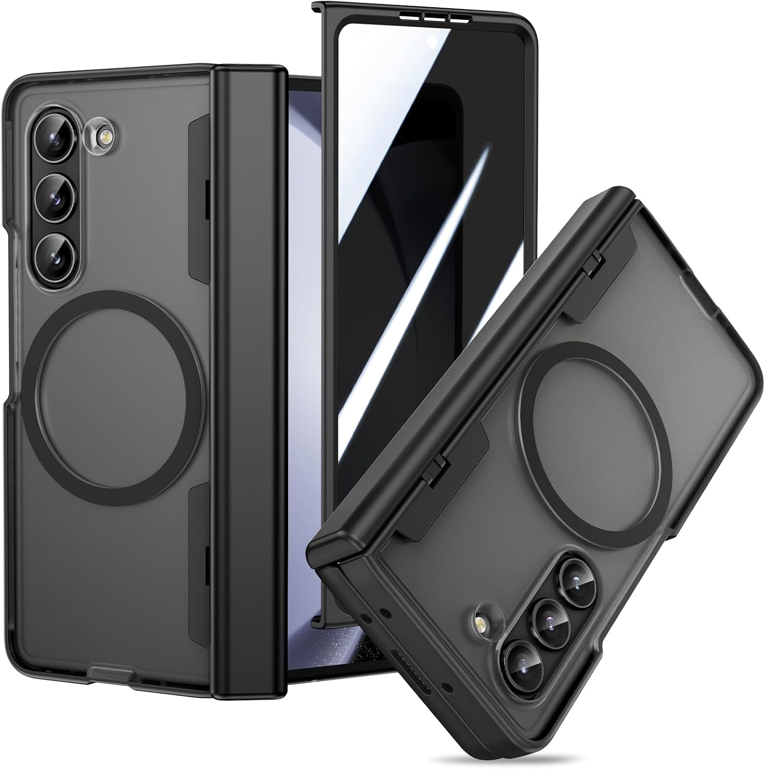VEGO for Galaxy Z Fold 5 Case, Compatible with MagSafe, with [Hinge Protection][Front Privacy Screen Protector], Magnetic Anti-Peeping Translucent Protective Clear Cover for Samsung Z Fold 5 - Black