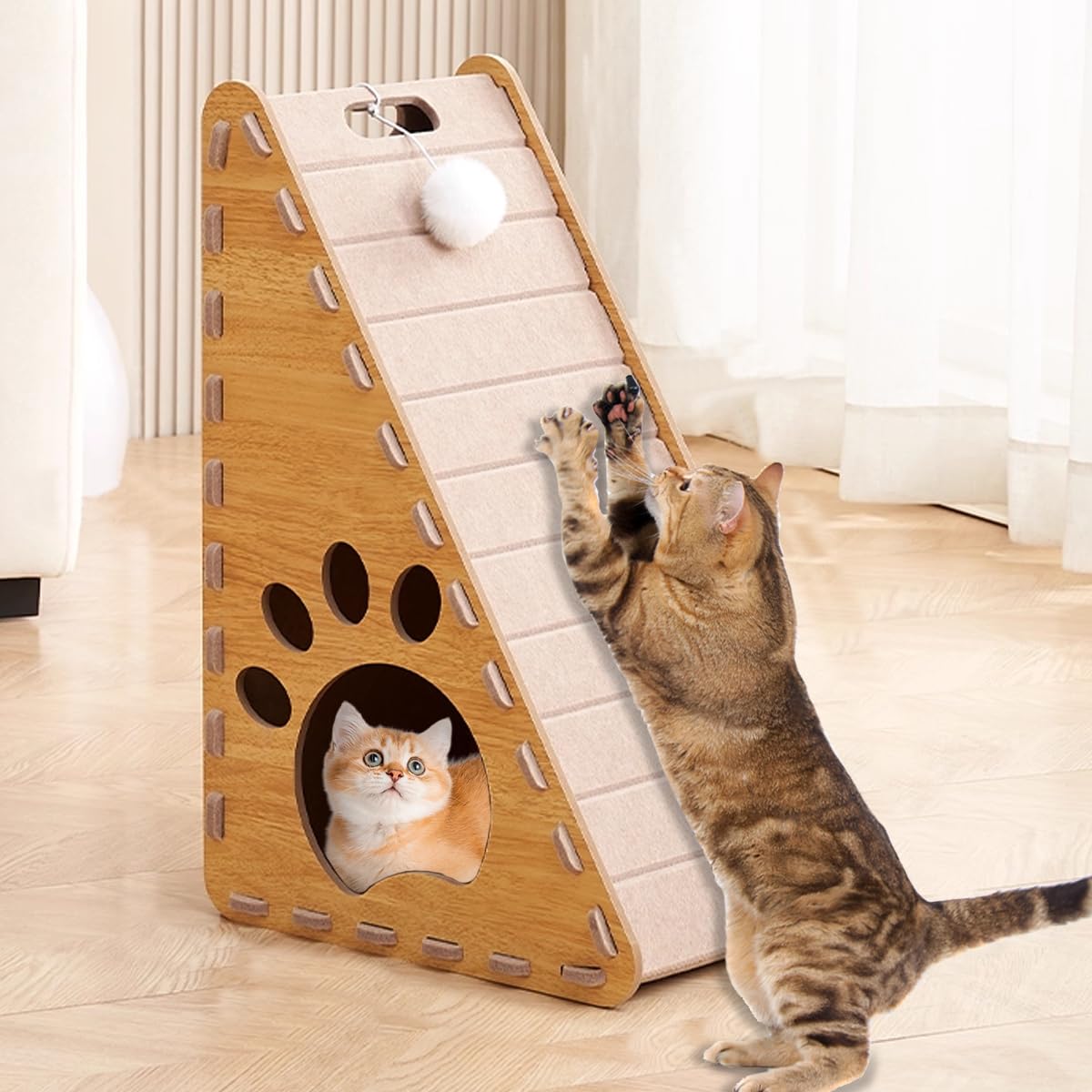 3-in-1 Cat Scratcher for Indoor Cats, Triangle Felt Wood Scratching Board, Vertical Small Kitten Scratch Pad & Ramp & Bed, Wall Kitty Scratch Board with Sleeping House, Ball Toys, Clean Brush, Brown