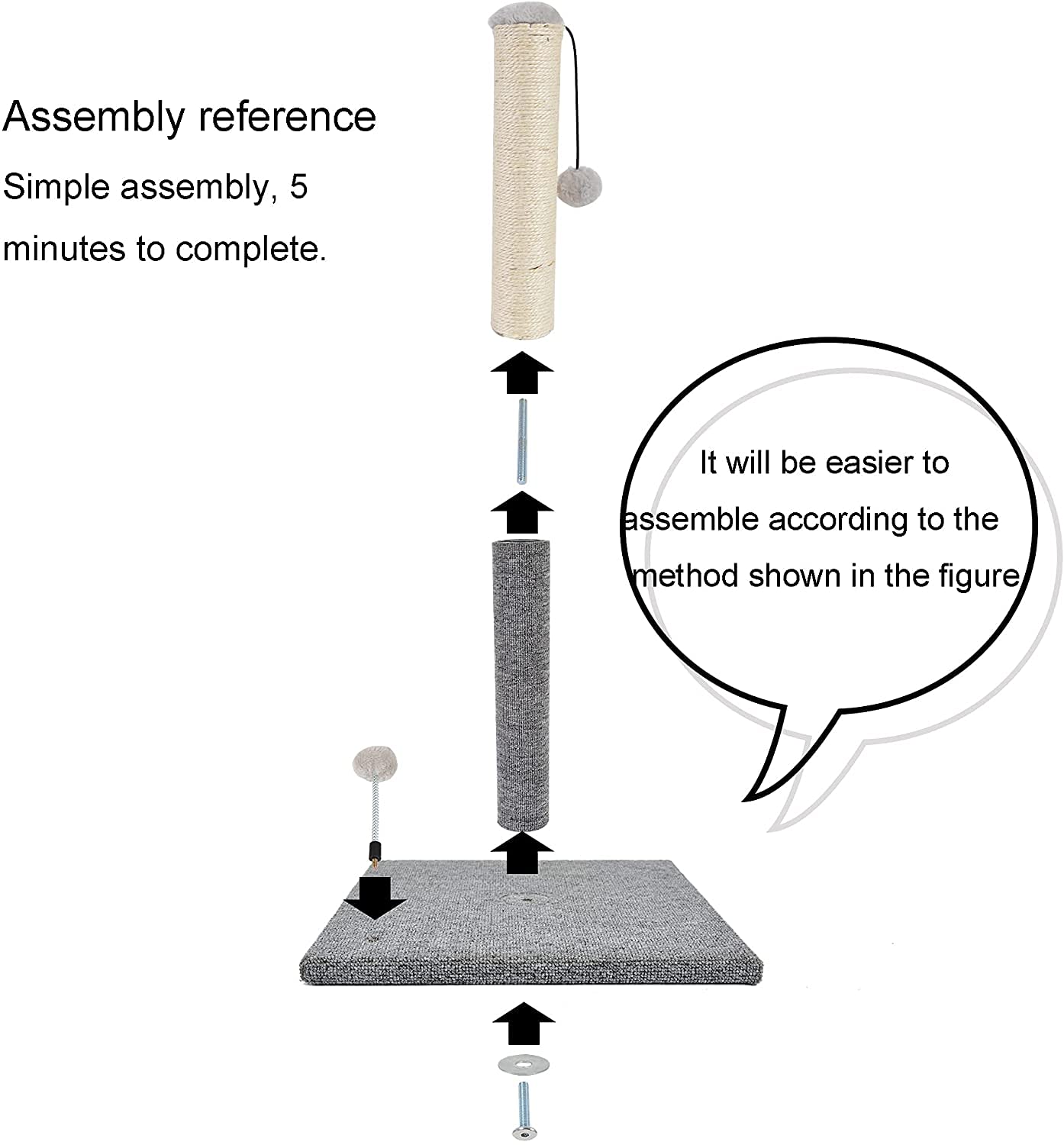 Kazura 31'' Tall Cat Scratching Post, Cat Scratch Post with Natural Sisal Rope and Carpet, Carpet Base, Vertical Scratch [Full Stretch], Toy Ball on Top for All Cats, Grey