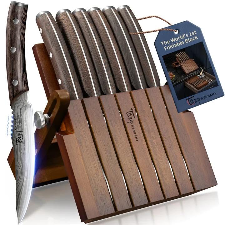 Image of SYOKAMI 2026 Upgrade Steak Knives Set of 6 with Acacia Wood Foldable Block