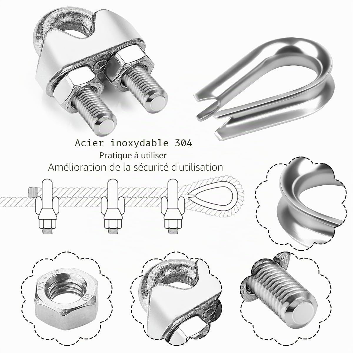 Mbsomnus 24 Pièces Serre Cable Inox 6mm 12 Pièces Serre Câbles et 12 Pièces Cosses de Câble Metallique M6 Inoxydable A4(V4A) DIN741 U Boulon Clip de Câble Clips pour Câble en Acier