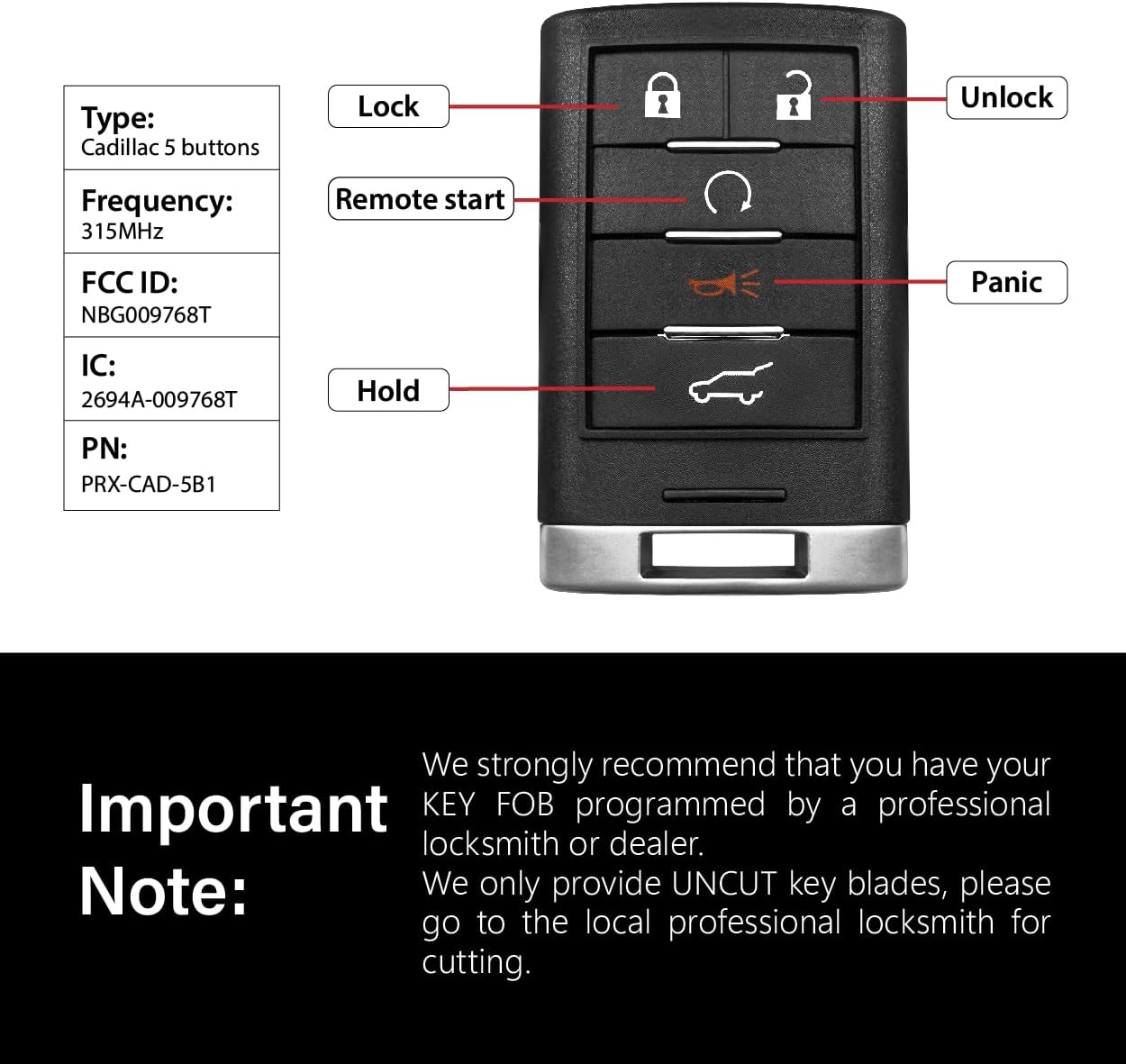 Replacement for 2012 2013 2014 2015 Cadillac ATS ELR SRX XTS Key Fob Remote Control NBG009768T 5 Buttons 315MHz - 2 Pack
