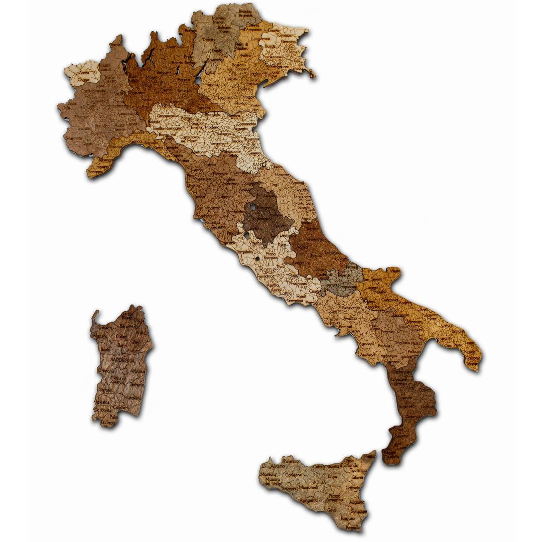 Natura Products 3D Mappa a Muro in Legno Italia, Mappa Puzzle Dettagliata in Legno, Disponibile in 87x66 cm o 111x85 cm, Marrone (111 x 85 cm)