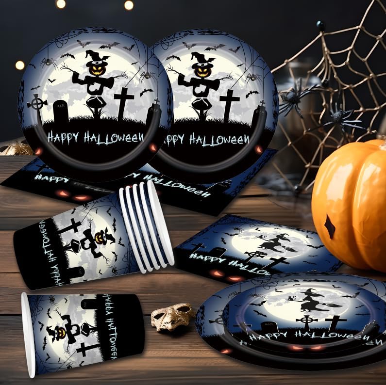 Miniatura 4 de 100 platos y servilletas de Halloween para fiestas, 25 platos de papel de Halloween de 9 pulgadas y 25 platos de fiesta de Halloween de 7 pulgadas,