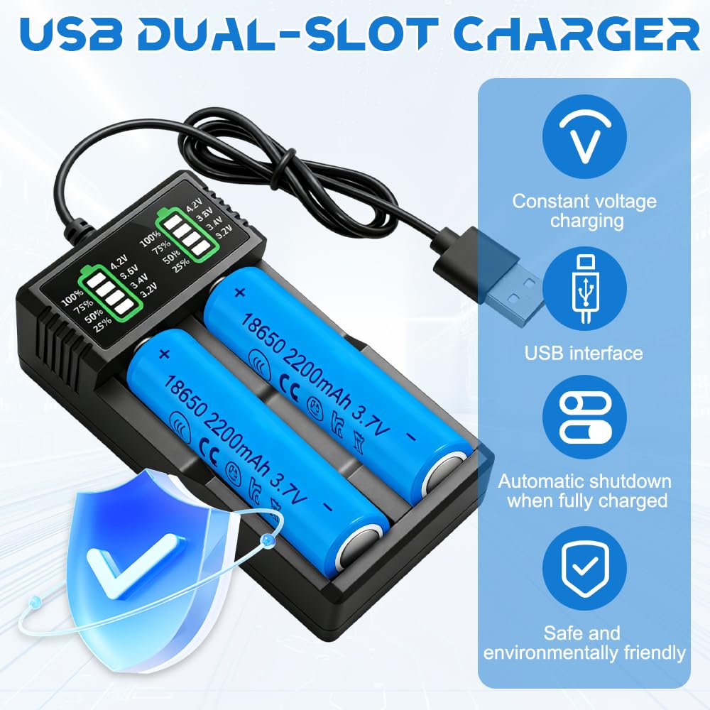 18650 Battery Charger Set with 2 Pack 3.7V 2200mAh Pointed Batteries, Pengrity 18650 Rechargeable Battery, USB 2 Slot Charger with LCD Display Smart, for 26650 21700 14500 18650 — view 5