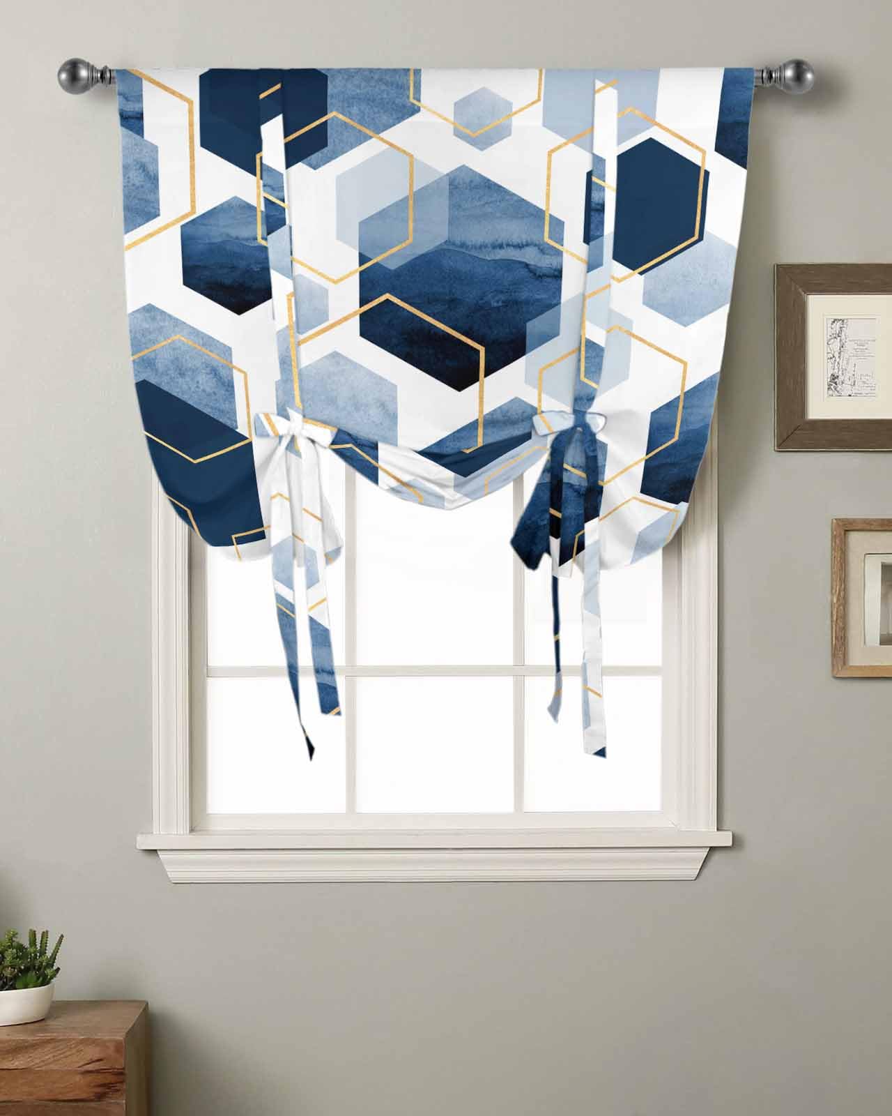 Navy Blue Marble Tie Up Curtains for Windows 45 Inch Length Balloon Curtains Kitchen Adjustable Balloon Window Shade Gold White Geometric Hexagon Modern Tie Up Valance Bathroom Curtain Window 52