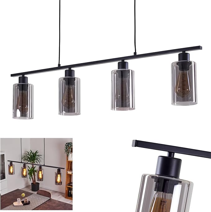 hofstein Hanglamp Hunouri, plafondlamp van zwart metaal, kamerlamp met kappen van gerookt glas, 4 x E27, zonder lampen