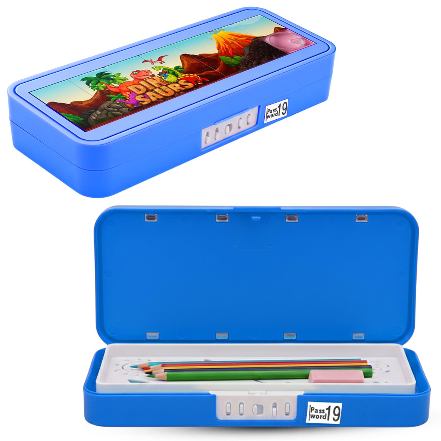Puzzle Pencil Box with Number Lock Password & Multiple Compartments | Complimentary Stationery Inside | Return Gift Pencil Box for School Kids, Boys & Girls | Birthday Party Gift (Blue)-image-26