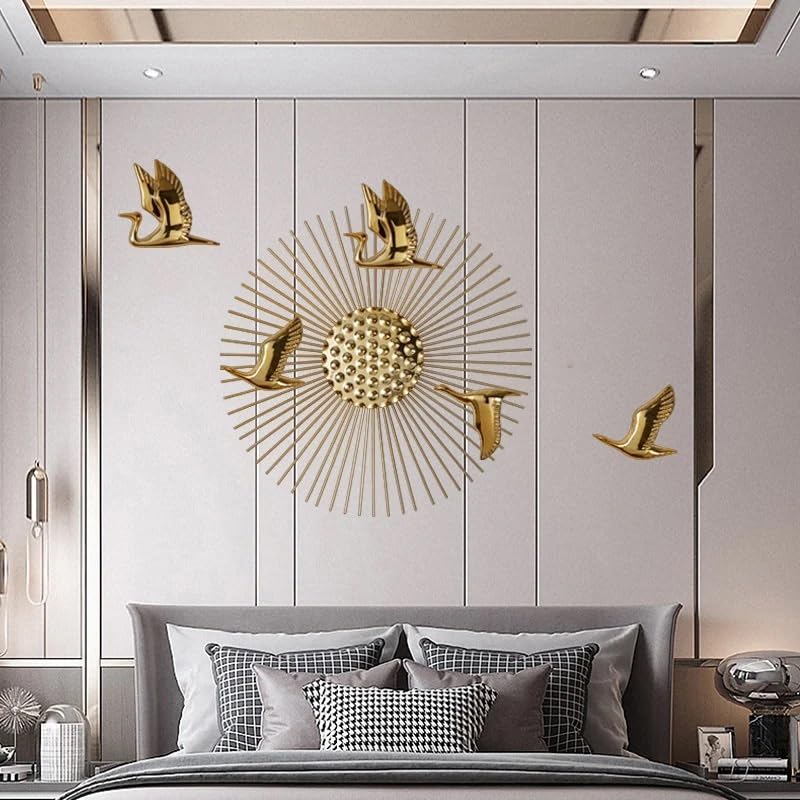 ZOVE Golden Metal Wall Art | 5 Birds & Sun Iron Wall Hanging | 20 Inch Decorative Wall Décor for Living Room, Bedroom, Hotel & Restaurant-image-46