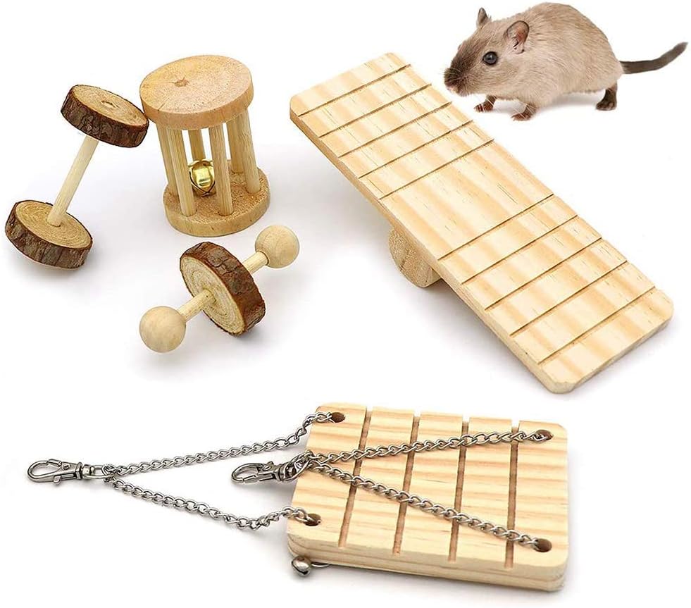 Hamster Chew Toys,Pet Natural Wooden 10pcs Dumbbells Exercise Bell Roller ect.Teeth Care Molar Toy for Parrot Syrian Hamster Gerbil Rat Guinea Pig Gerbil ect. Small Animals