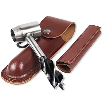 Survival Settlers Tool Bushcraft Hand Auger Wrench Scotch Eye Wood Drill Manual Drill Wrench Bushcraft Survival Tool with Leather Pouch and Hook for Outdoor Camping Bushcrafting Backpacking Brown