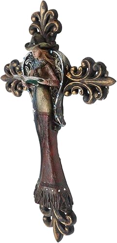 Vista 4 de Ebros Gift Rustic Fleur De Lis Le Fleur French Lily with Texas Western Cowgirl Angel Wall Cross Decor Placa Colgante Escultura Figurita 17" Alto