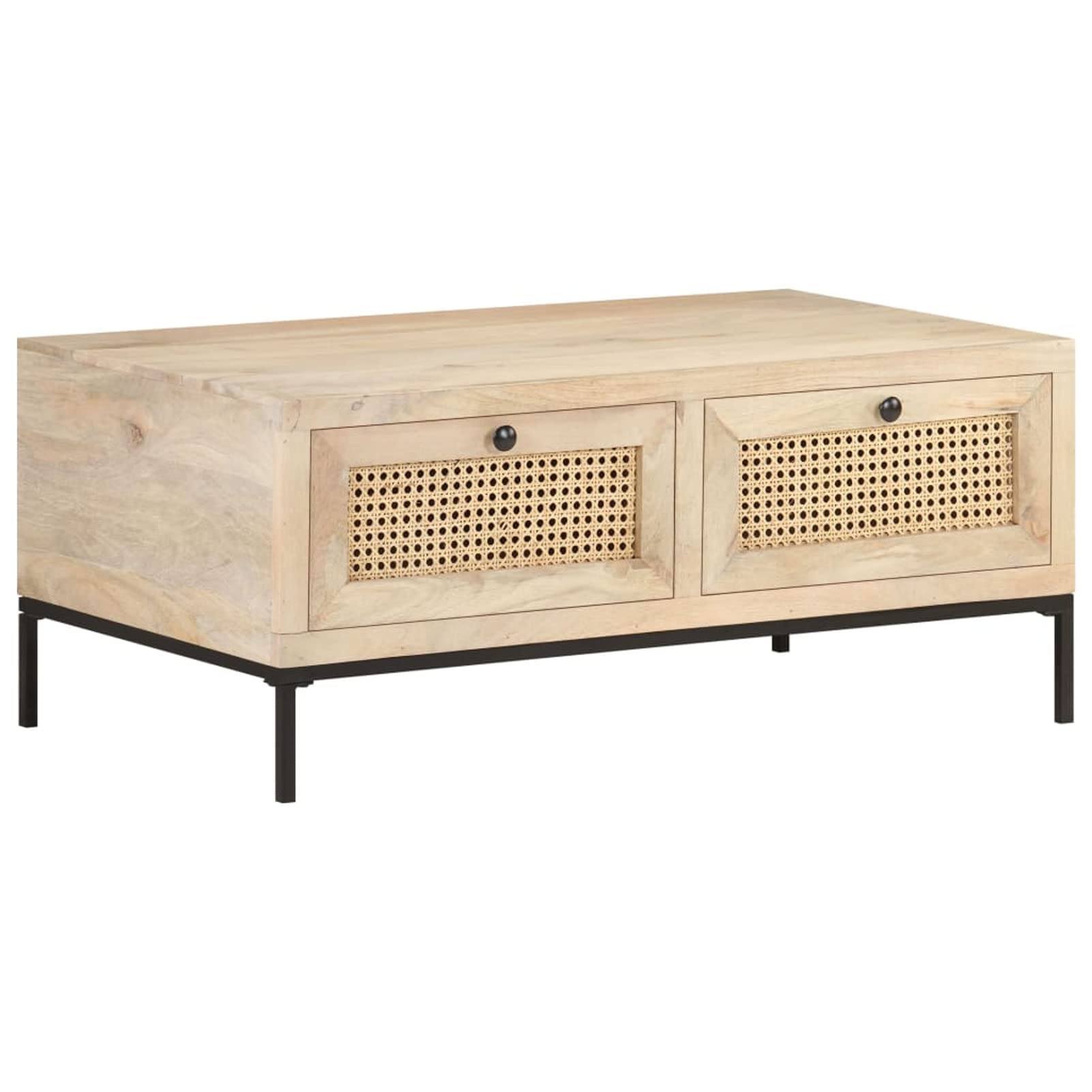 Homgoday Table basse 90 x 50 x 37 cm en bois de manguier massif et canne naturelle, table d'appoint pour salon, salle de réception d'invités, chambre à coucher et mobilier de bureau