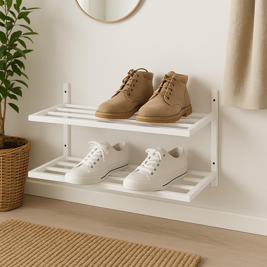 Schuhregal Metall - Schuhregal Hängend - 70 x 33 x 31 cm - mit 2 Ablagen, Wandmontage - Schuh Organizer für Flur, Garderobe - Schuhablage Scarpe Weiß