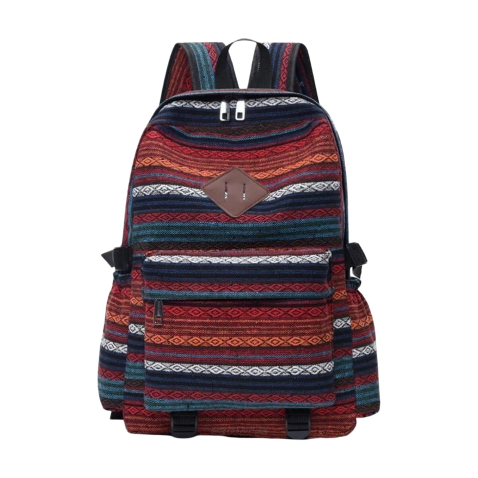 Zaino da Viaggio Etnico Tessuto in Pelle Patch Tasca Anteriore Regolabile Cinturine Fibbia Laterale-Khaki