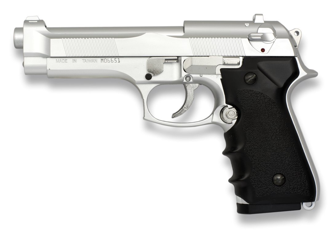 Pack Pistola airsoft M92F metálica, color plata. Calibre 6mm. + Funda portabalines + Biberon 1000 bolas. 23054/21993