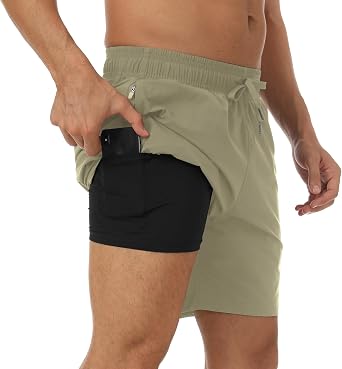 Queday Mens 2 in 1 Black Running Shorts with Liner 5/7 Inch Quick Dry Gym Athletic Workout Shorts with Pockets