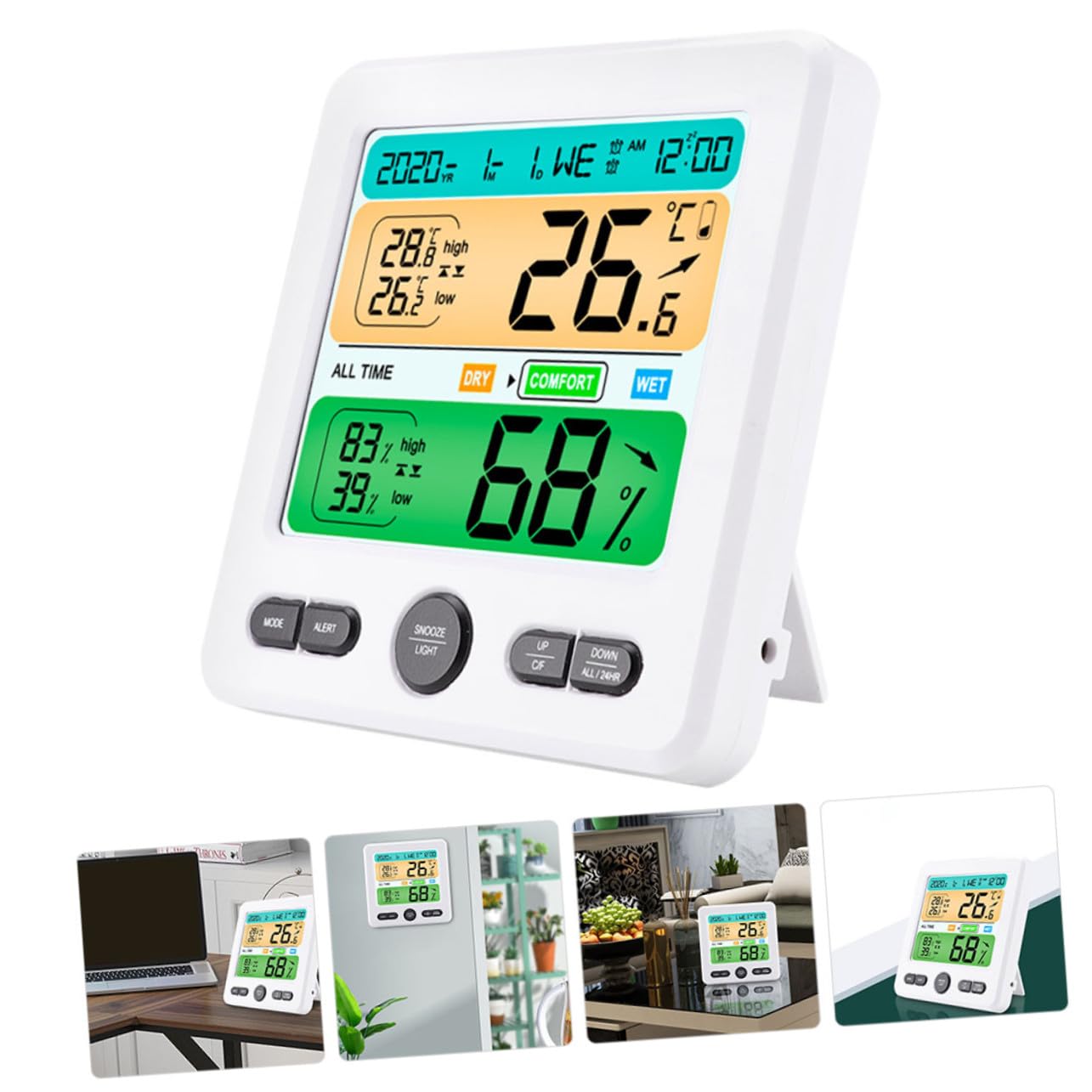 Termometro Igrometro Digitale da Parete con Display Grande Monitoraggio Temperatura e Umidità Interno Orologio Calendario Integrato Sensore Preciso in Abs per Ufficio Casa Scuola