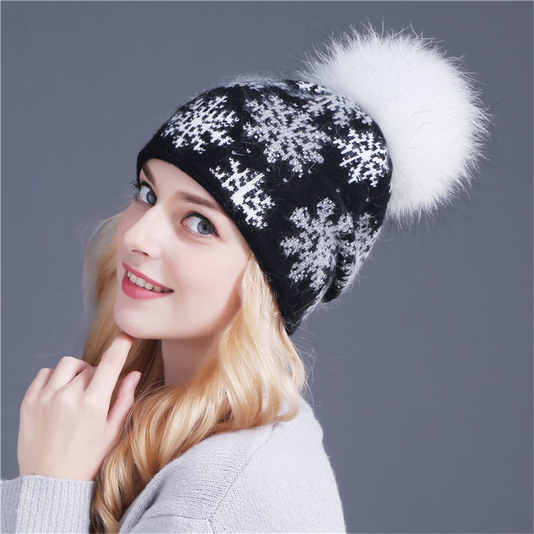 KMMBBTY Gorro de Lana de Piel de Conejo con Pompones de visón Skullies Gorros Gorro de Nieve de Navidad de Invierno