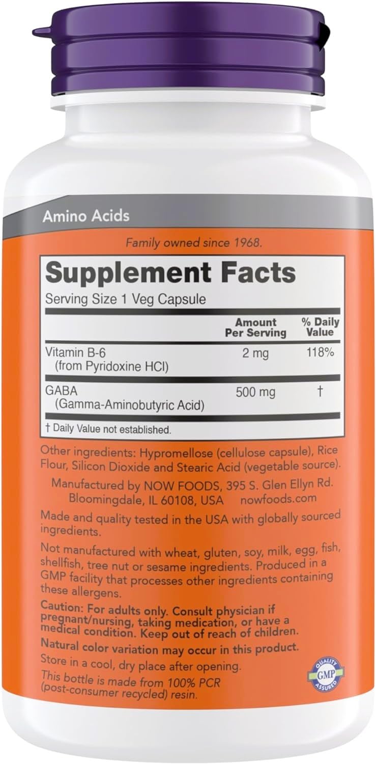 NOW Foods Supplements, GABA (Gamma-Aminobutyric Acid) 500 mg + B-6, Natural Neurotransmitter*, 300 Veg Capsules — Amazon image 2