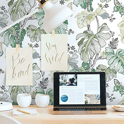 RoomMates RMK11585RL Green and Gray Boho Palm Peel and Stick Wallpaper, Green & Gray, 45.7 x 47.9 cm - Image 2