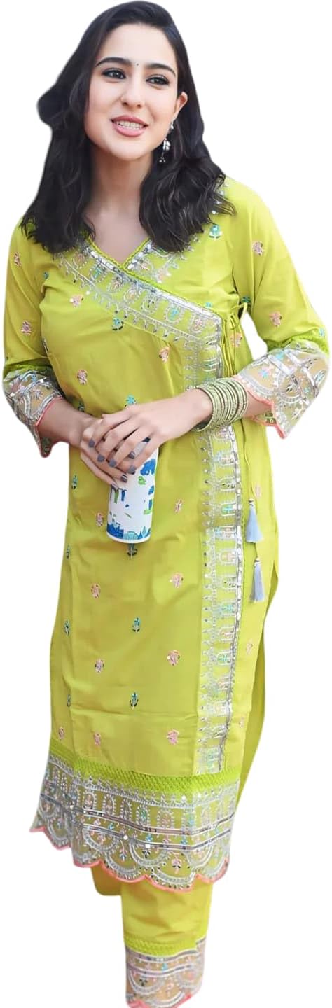 Women’s Lemon Flared Anarkali Suit with Pant Chanderi Cotton Embroidered Indian Ethnic Festive Wear