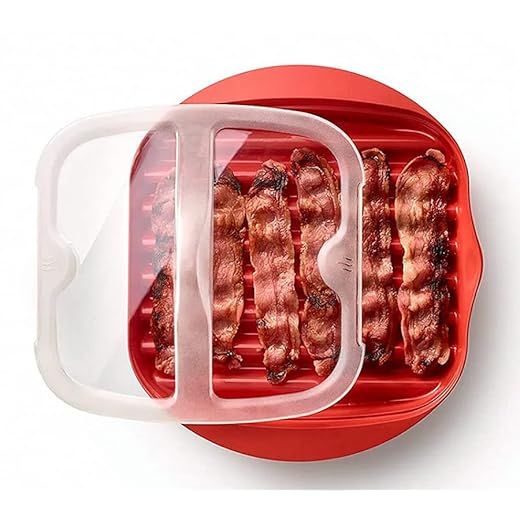 Best Microwave Bacon Maker | Express Bacon Cooker Tray with Lid | Bacon Cooker for Microwave Oven with Lid | Reduces Fat for a Healthy Breakfast | Easy Crispy Bacon in Minutes | Red