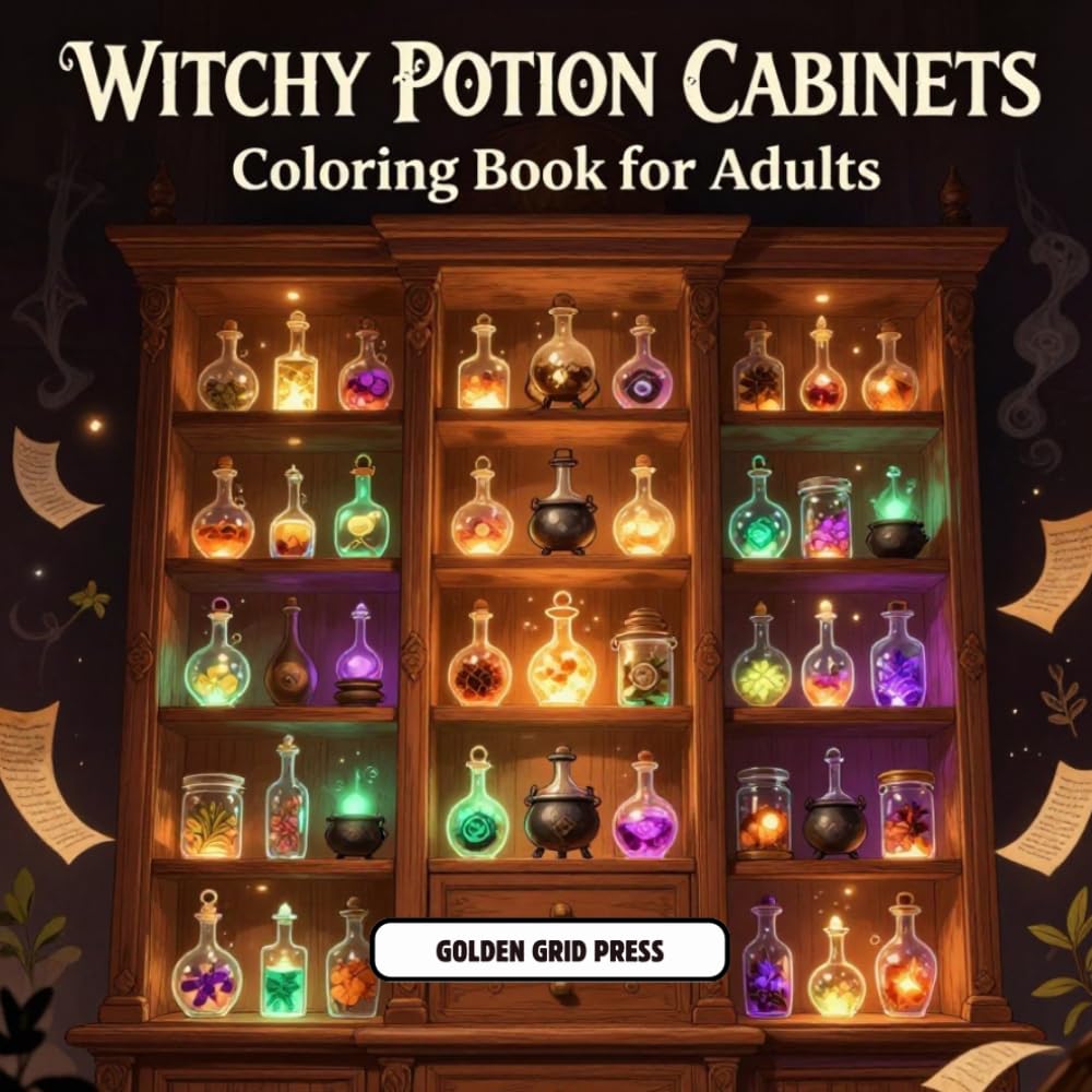Witchy Potion Cabinets Coloring Book for Adults: Illustrations Featuring Magical Potions, Enchanted Shelves, Crystal Bottles and Whimsical Witchcore ... and WitchTok-Inspired Fantasy Escapes