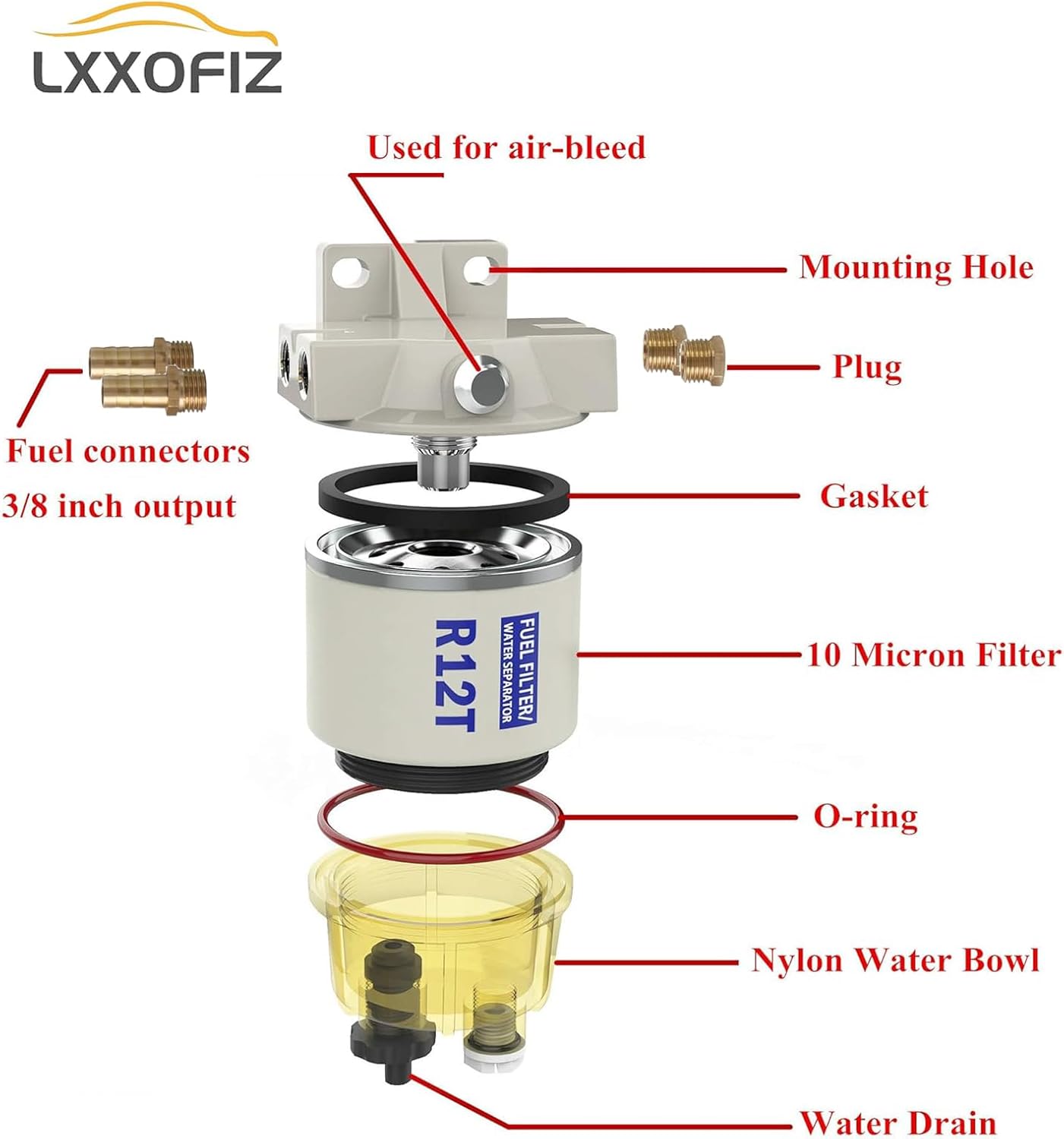 Marine Fuel Filter Water Separator Complete Kit for Outboard-R12T with NPT ZG1/4-19 Replaces Racor S3240 120AT R12T