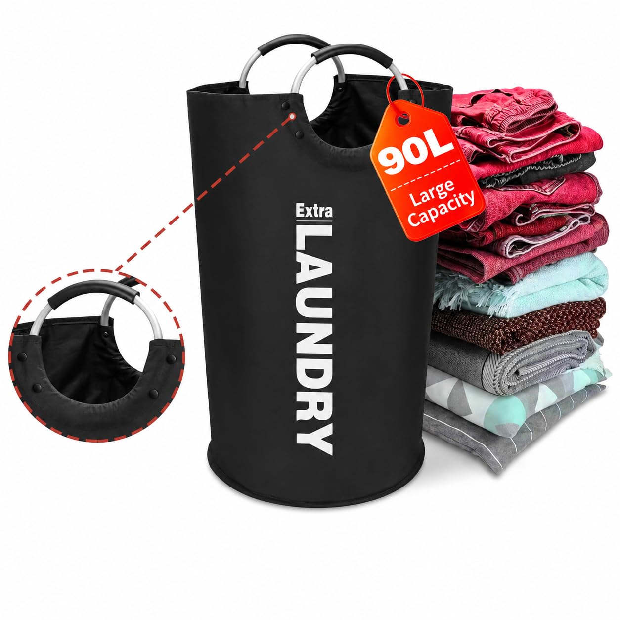 Photo 1 of 90L Large Laundry Basket with 8 Steel Rivet Reinforced Handles Collapsible Laundry Hamper Freestanding Tall Dirty Clothes Hamper for Bedroom Laundry Room Organization (Black,1PC)