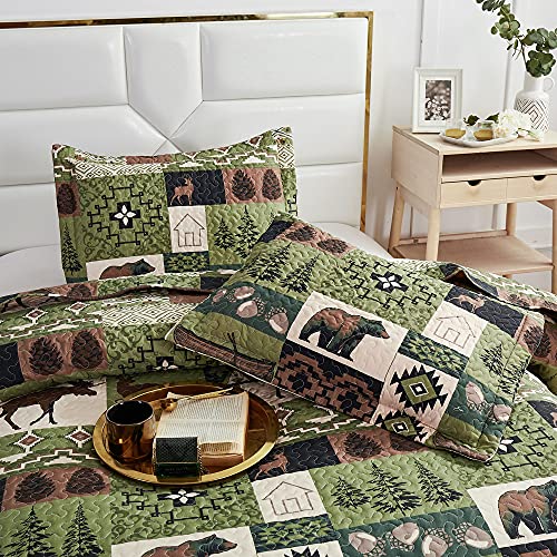 Tigona Reversible Rustic Quilt Sets Queen/Full Size Moose Bear Bedding Set Microfiber Bedspread Classic Plaid Lodge Coverlet Cabin Bed Cover Decor, 1 Quilt & 2 Pillow Shams #TOP3