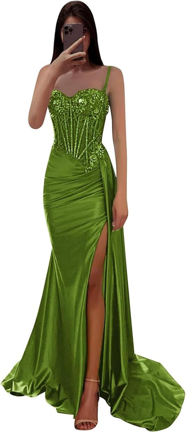 Fanciest Satin Prom Dresses with Slit Beaded Lace Appliques Formal Dress Long Mermaid Evening Gowns