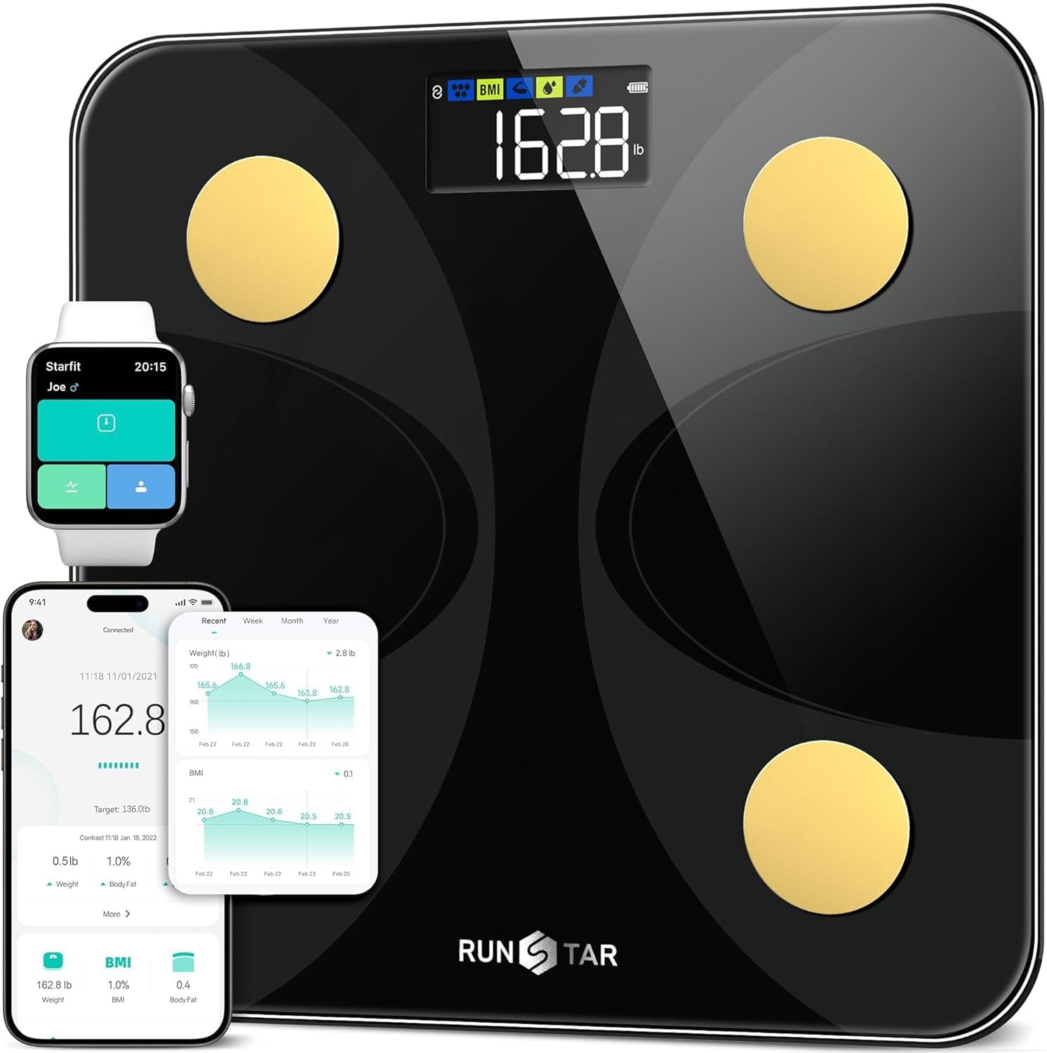 RunStar Scale for Body Weight, Smart Digital Bathroom Scale with Large Display, 13 Body Composition Monitor Health Analyzer Sync with Fitness App - Black Gold