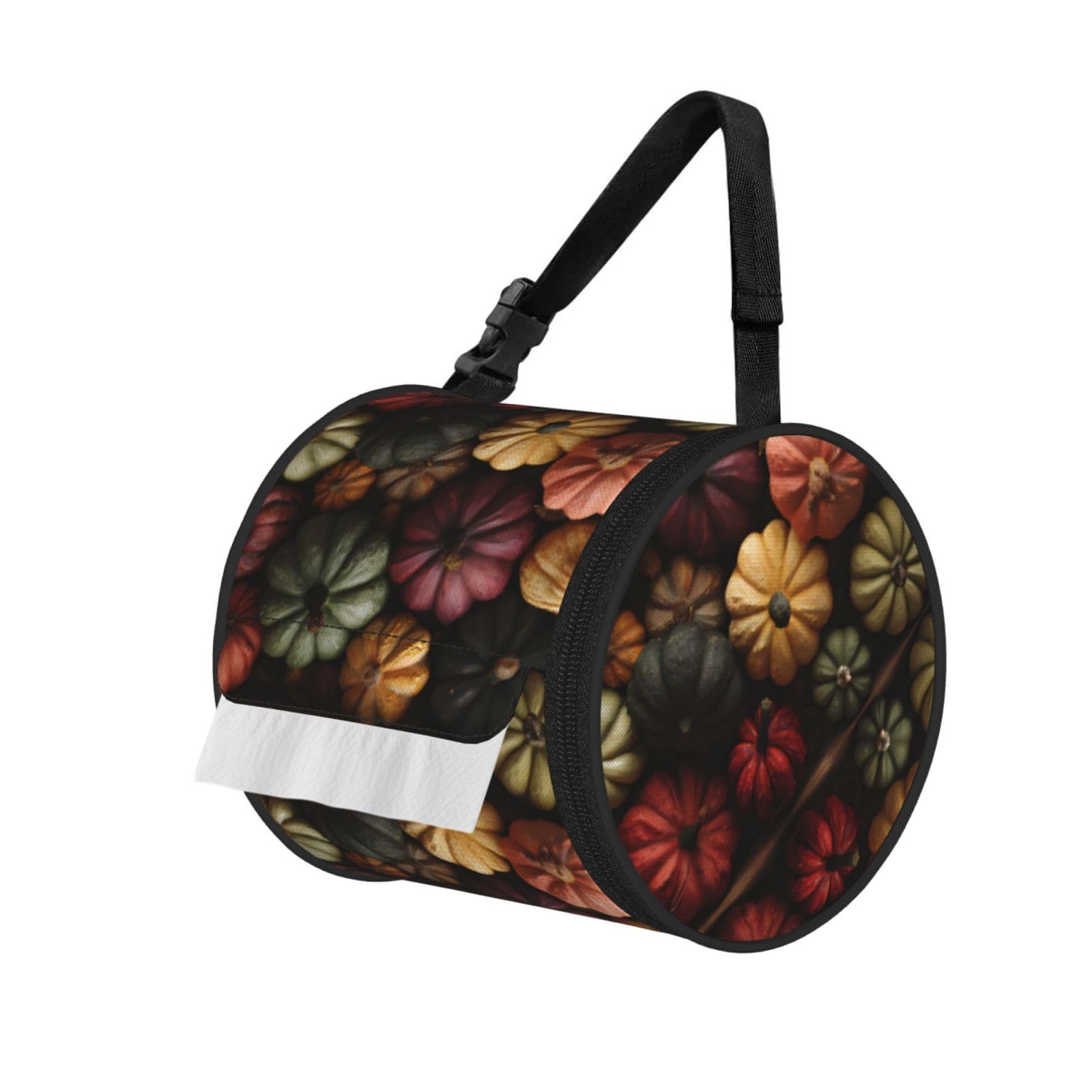 Fall Pumpkins Printed Cylindrical Tissue Bag Portable Oxford Cloth, Foldable Travel Tissue Holder With Zipper And Adjustable Belt