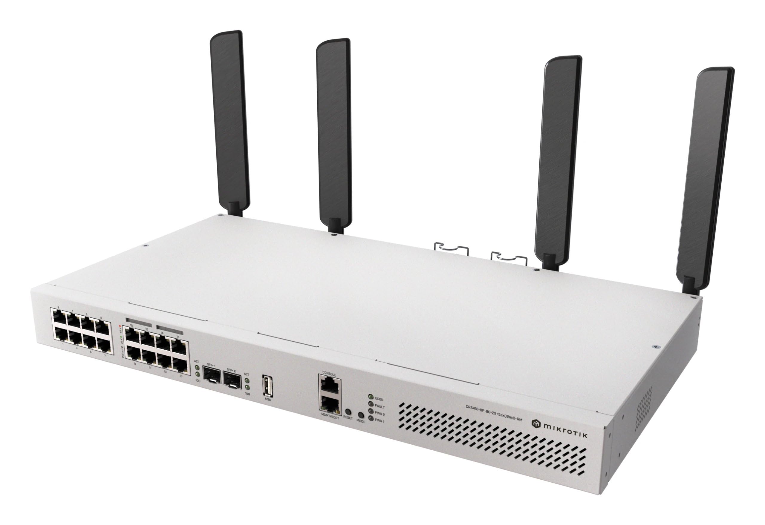 MikroTik CRS418-8P-8G-2S+5axQ2axQ-RM - Interruptor de enrutador Wi-Fi 6 con 16 Puertos PoE-out, 2 x 10G SFP+, Ap duales 5axQ