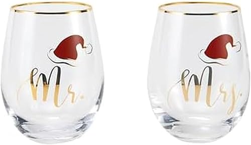Holiday Santa Hat Mr. Mrs. Stemless Wine, juego de 2, 18 onzas