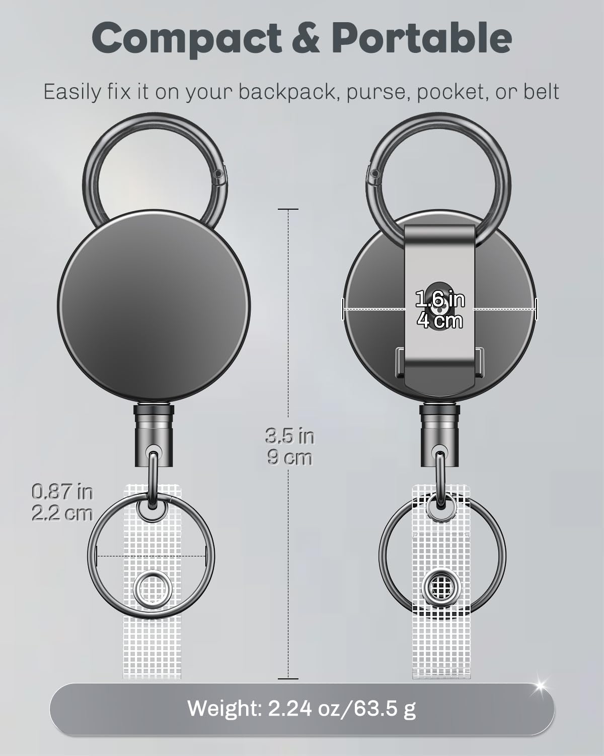 Uniclife 2 Pack Heavy Duty Retractable Badge Reel for Badge Holder Metal Retractable Keychain All Metal Casing with Stainless Steel Spring Coil 70 cm Nylon Rope Carabiner Belt Clip and Key Ring - Image 3