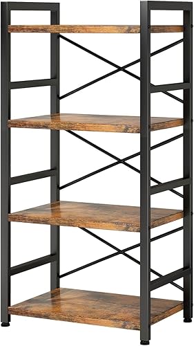 Tall Bookshelf for Small Spaces, 4-Tier Industrial Bookcase with Metal Frame and Wood Shelves, Vertical Storage Shelf for Apartments, Condos, and
