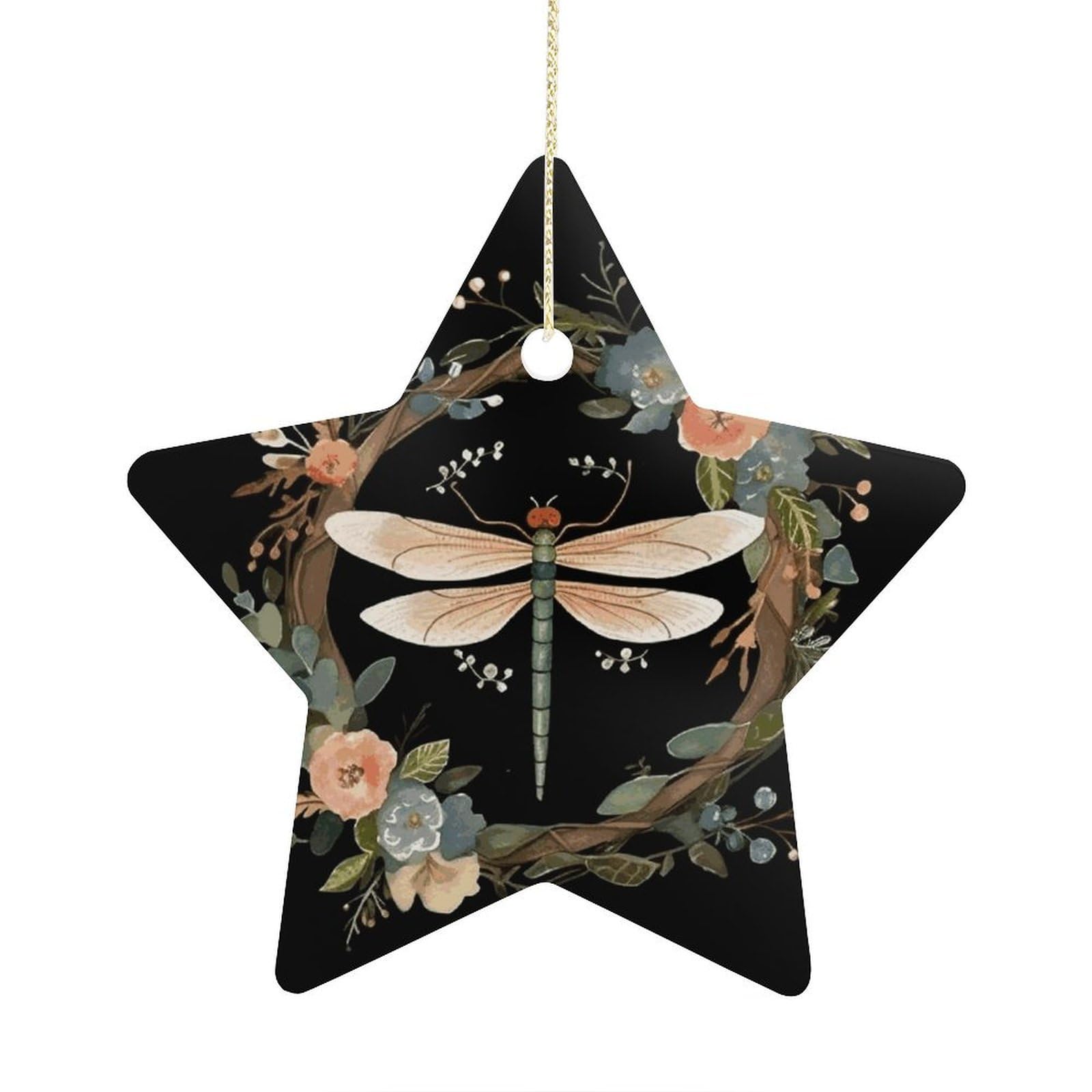 Image of Dragonfly in Wreath Stars Ornaments Ceramic Christmas Tree Hanging Light in Weight Christmas Star Pendants Funny Double-Sided Printed Xmas Ornaments for Gifts