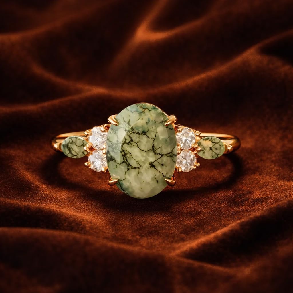 14K Yellow Gold Oval Cut Moss Agate Engagement Ring Vintage Boho Nature Inspired Alternative Bridal Promise Anniversary Jewelry Gift for Her