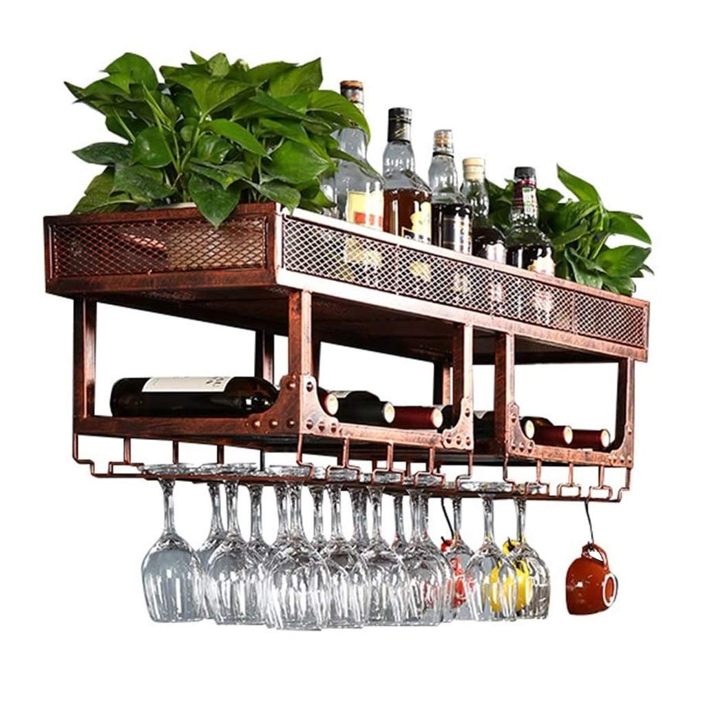 Casier à vin support mural pour bouteilles et verres à pied en métal bronze