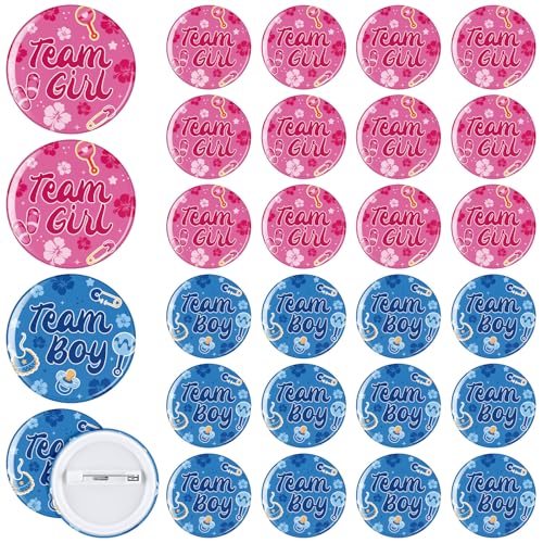 Suncalla 60 Pcs Pink and Blue Gender Reveal Decorations Pink and Blue Button Pins 1.7 Inch Team Boy or Girl Badges Summer Hibiscus Gender Reveal Supplies for Baby Shower Summer Hawaii Luau Party